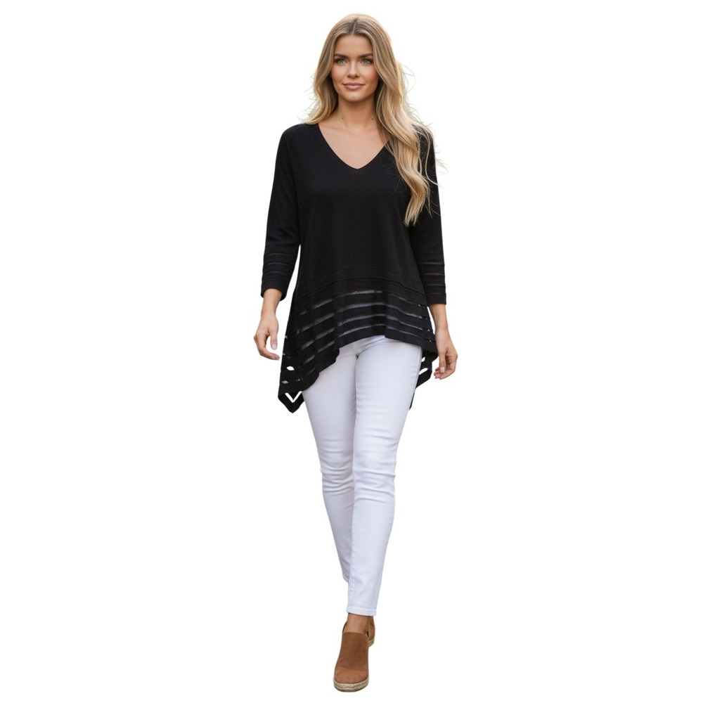 D.Exterior Italian Sheer Mesh Stripe Asymmetrical V-Neck Knit Top M NWOT $395